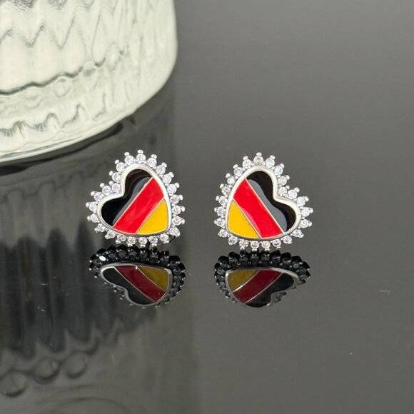 Germany Flag Earrings Heart bling S925 Sterling Silver Handmade Ear Stud - Picture 2 of 5